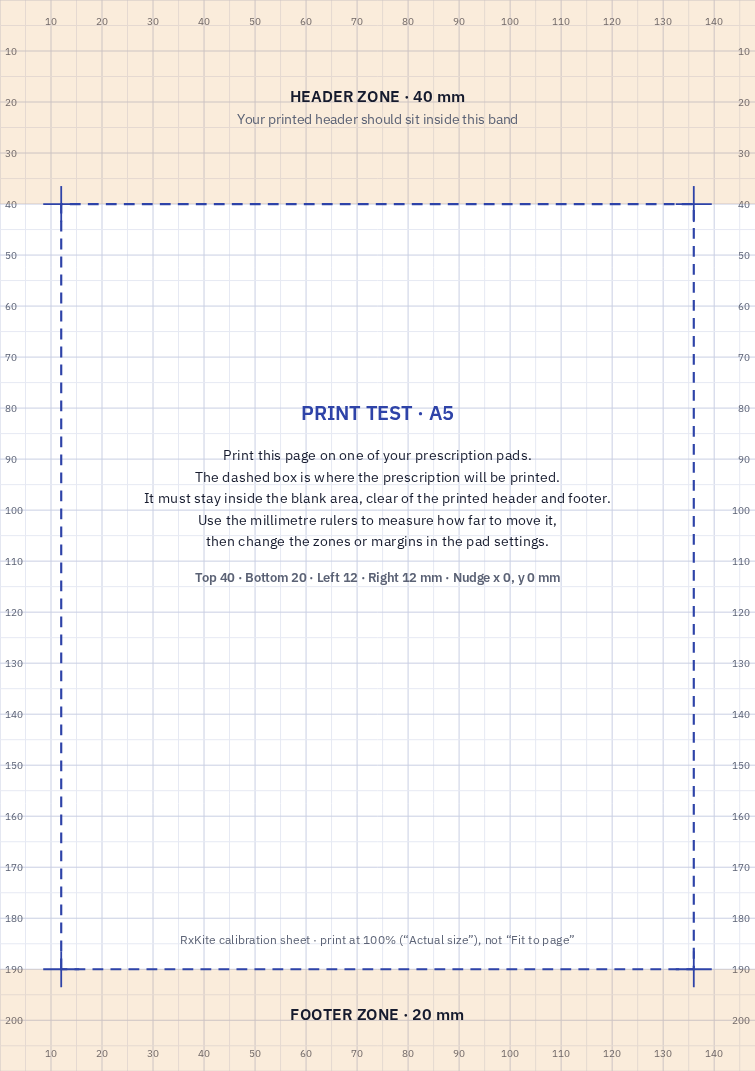 Test page showing shaded header and footer zones with millimetre rulers along each edge.