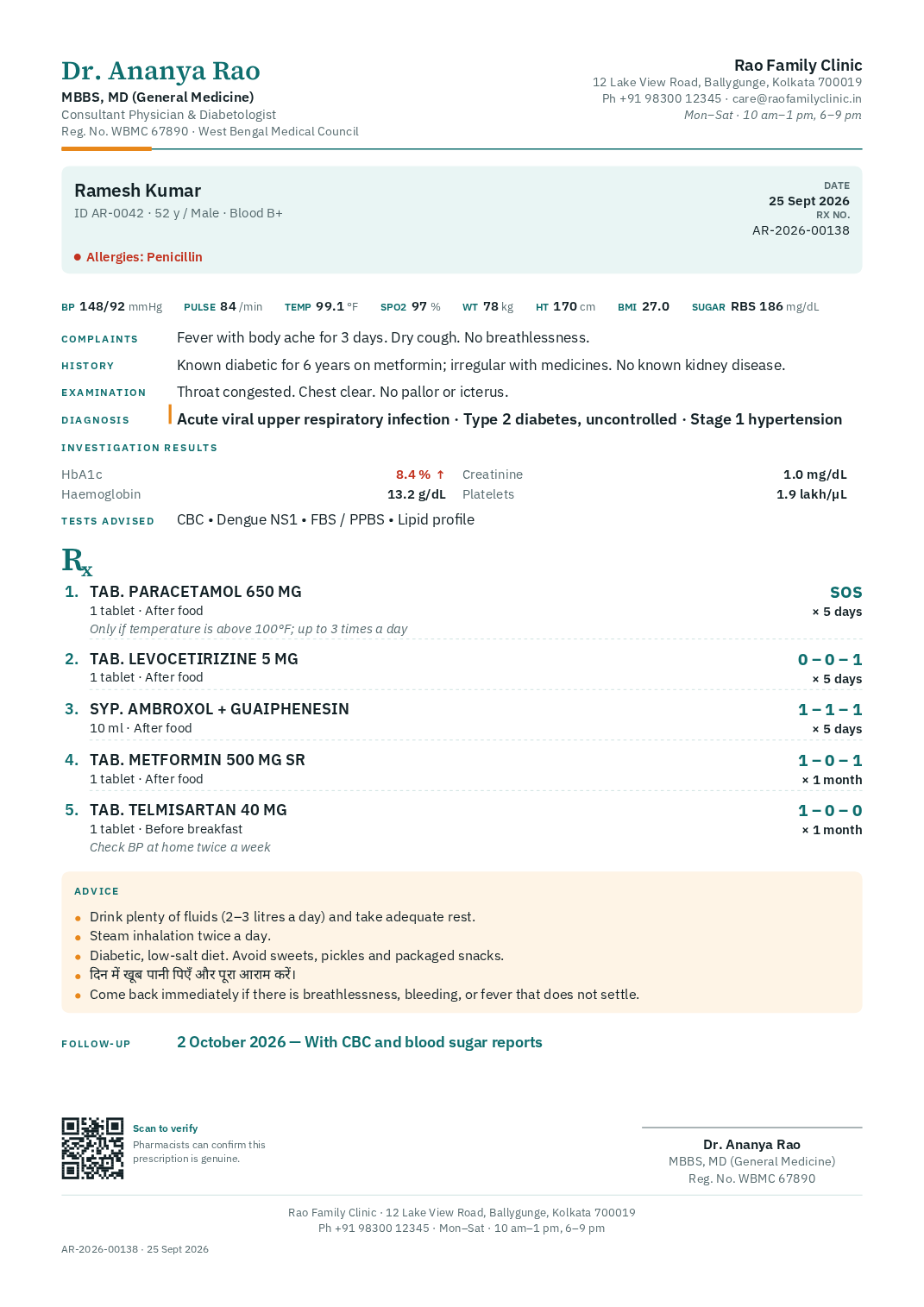 Prescription on plain A4 paper with a teal and saffron colour theme and the doctor's header printed.